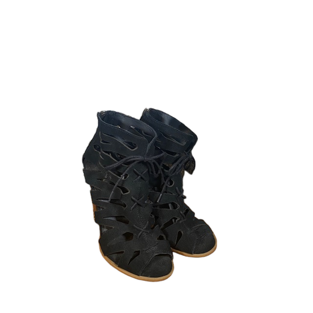 Mia Women’s Black Suede Caged Open Toe Lace Up Ankle Heels Size 7